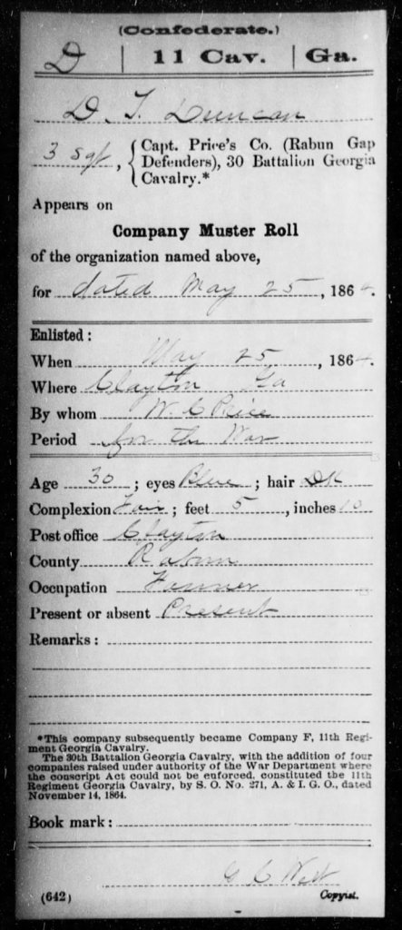 David Terrell Duncan Muster Roll Civil War 1864