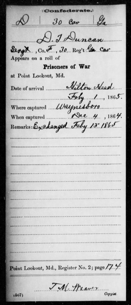 David Terrell Duncan POW Civil War 1865